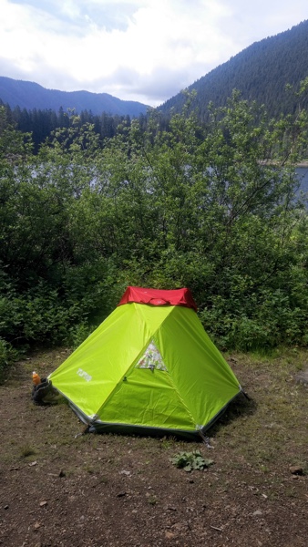 My little Flytop tent from Amazon. My t-shirt is lying in the sun on the top to dry.